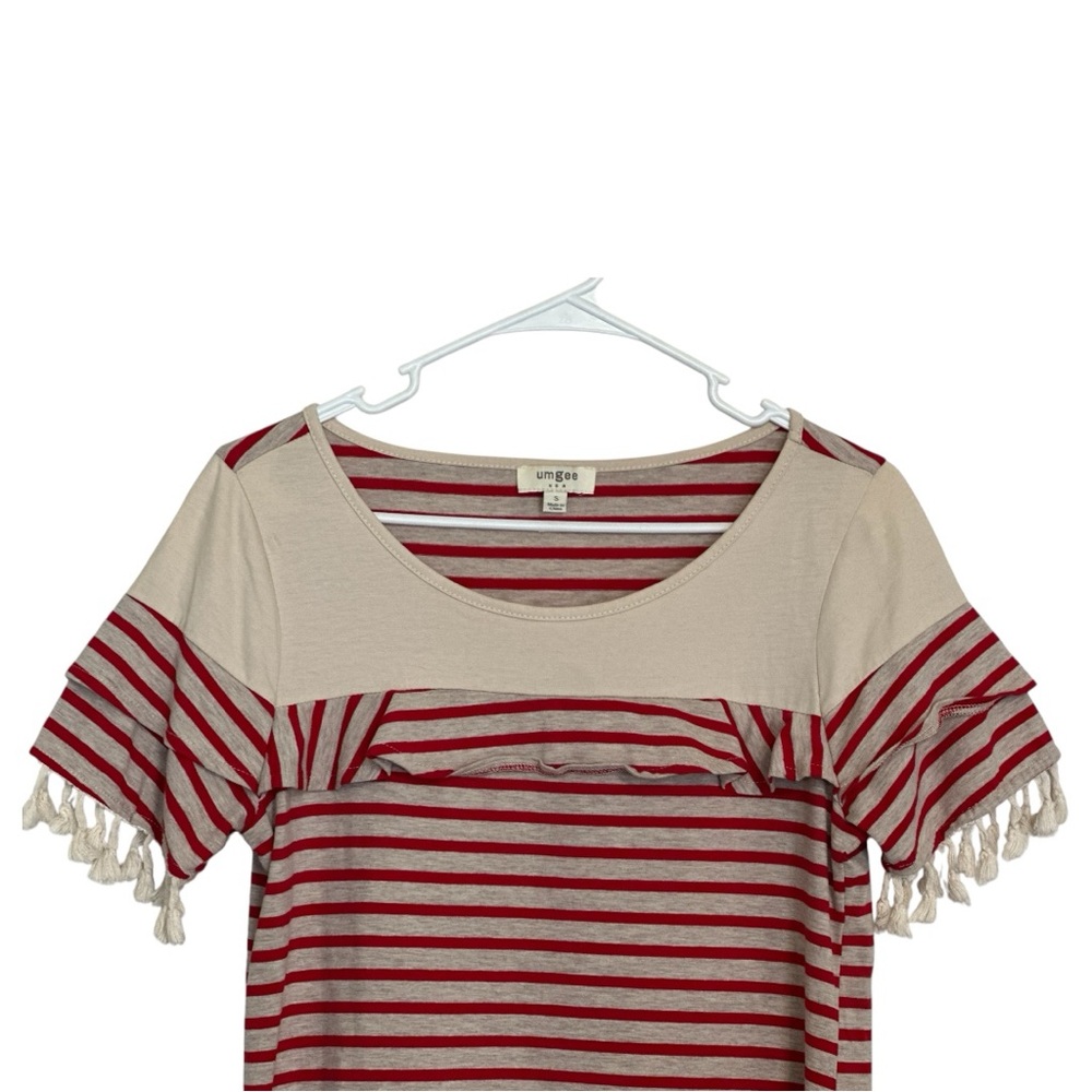 Umgee Red Cream Striped Boho Dress Small Tassel Trim NWOT Summer - Picture 5 of 10